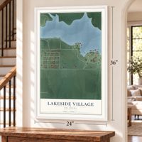 Lakeside Village, Oklahoma map, 24 x 36 inch print in a white frame by a staircase