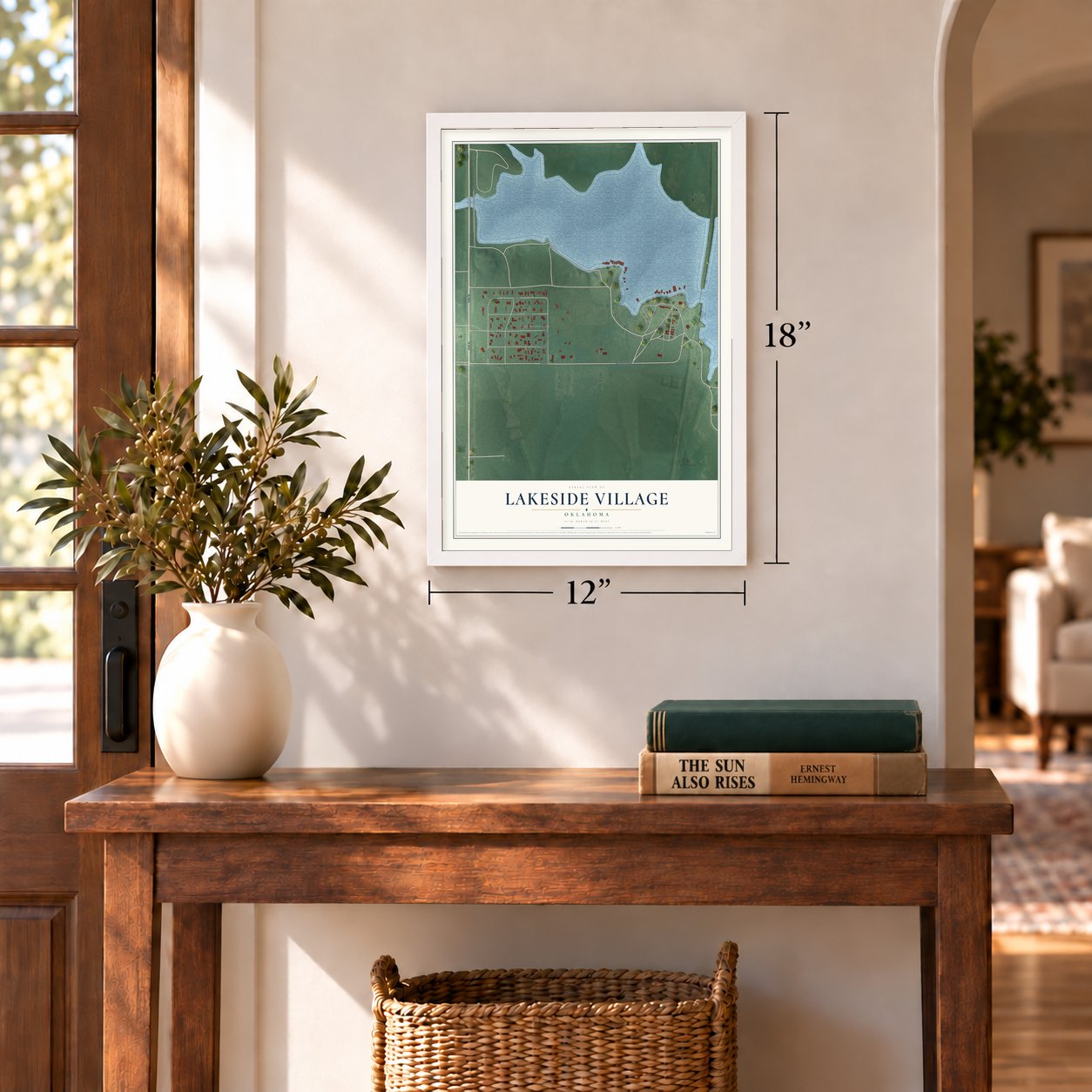 Lakeside Village, Oklahoma map, 12 x 18 inch print in a white frame in an entryway
