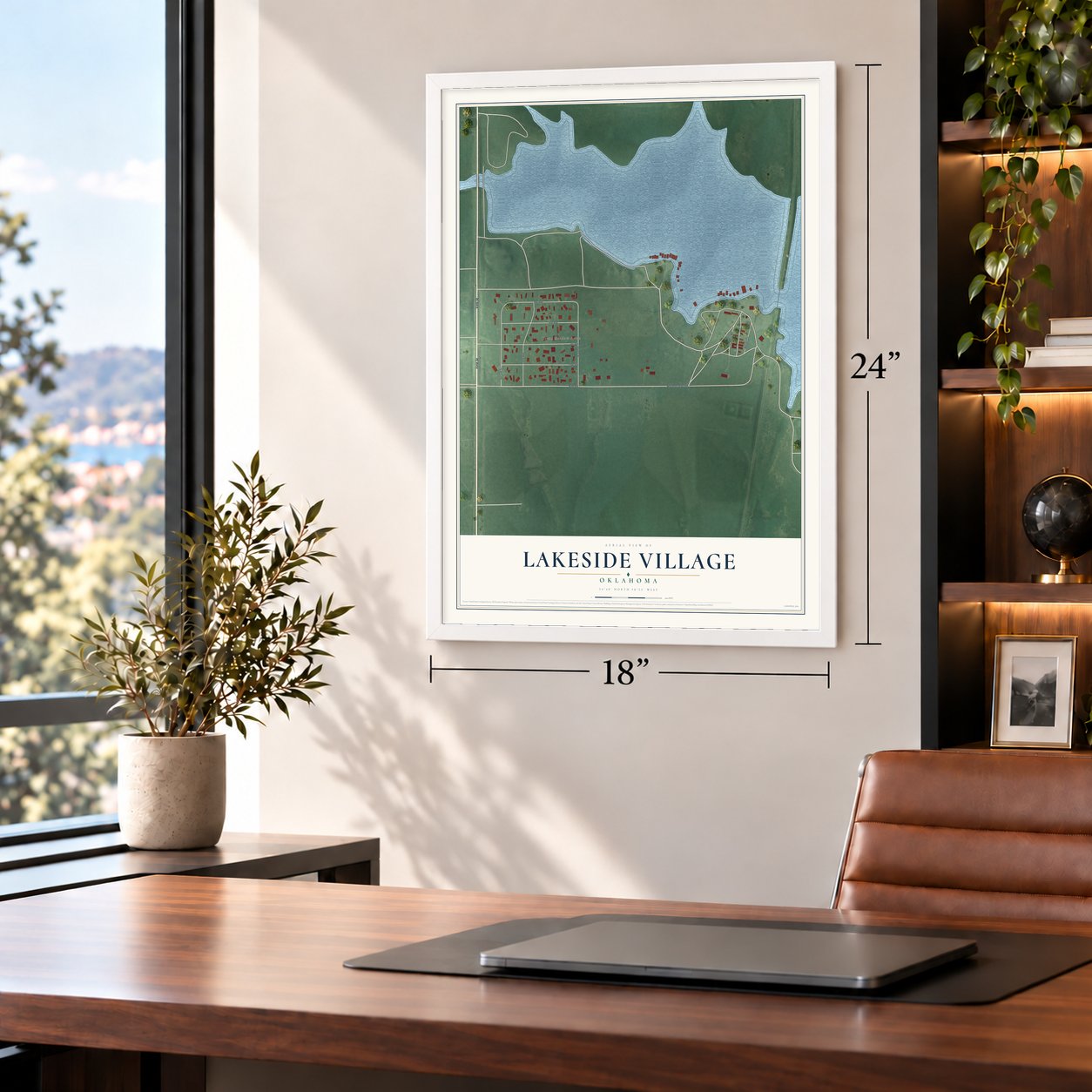 Lakeside Village, Oklahoma map, 18 x 24 inch print in a white frame in a home office