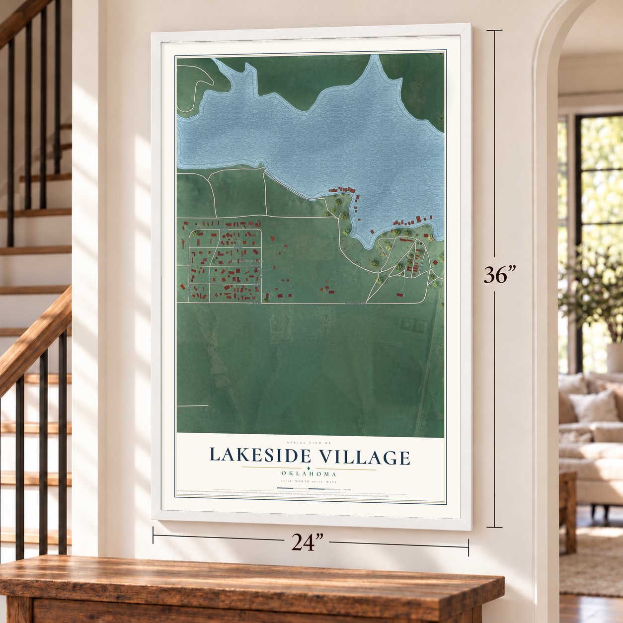 Lakeside Village, Oklahoma map, 24 x 36 inch print in a white frame by a staircase