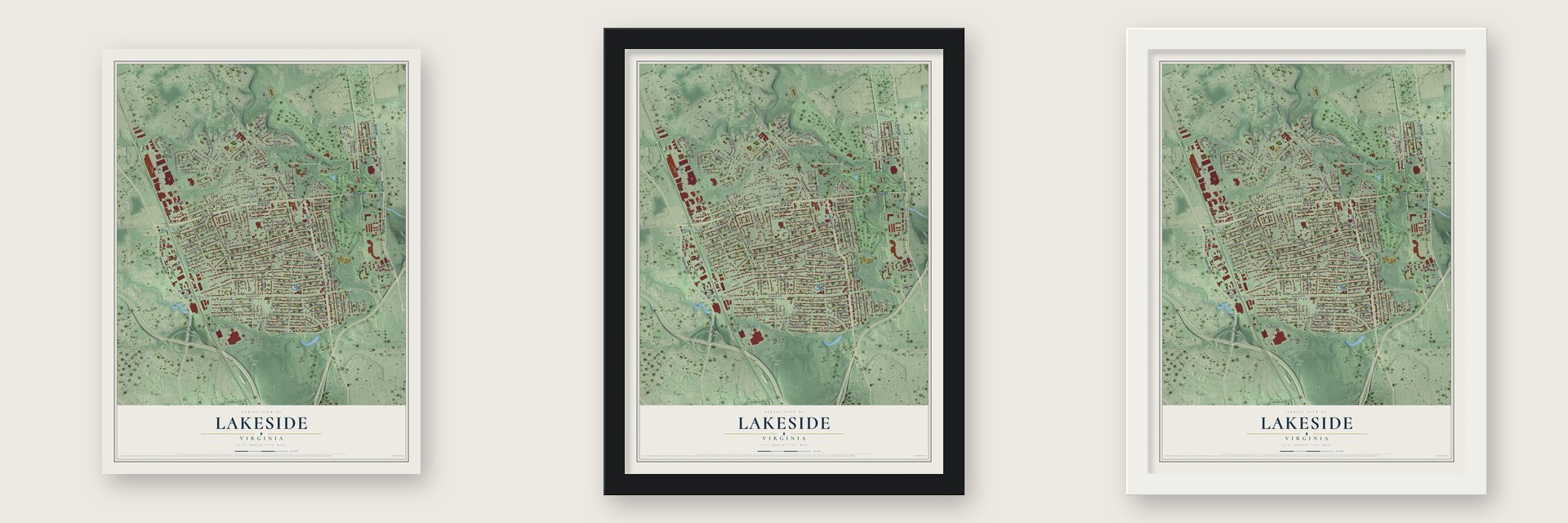 Lakeside, Virginia map unframed, in a black wood frame and in a white wood frame