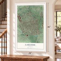 Lakeside, Virginia map, 24 x 36 inch print in a white frame by a staircase