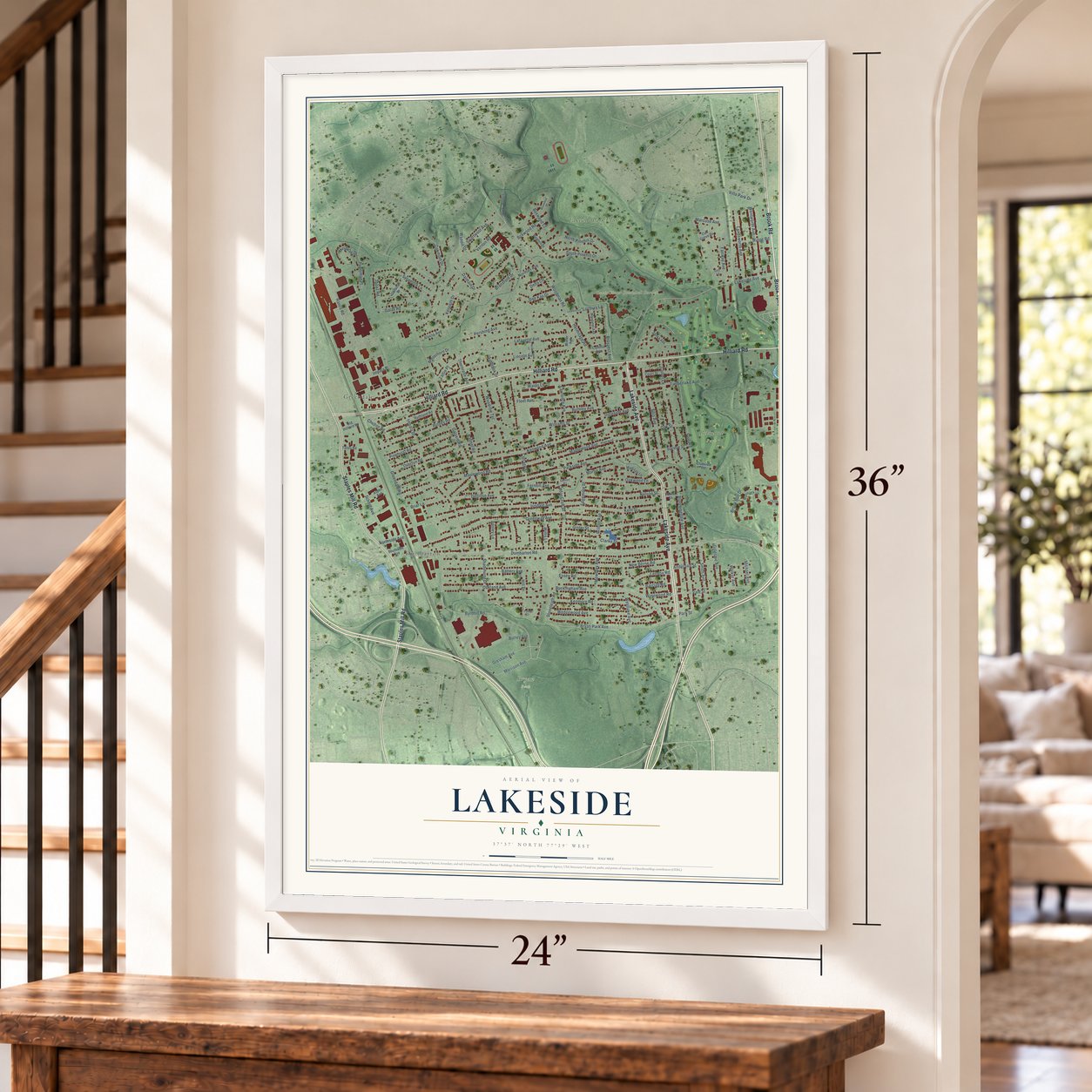 Lakeside, Virginia map, 24 x 36 inch print in a white frame by a staircase