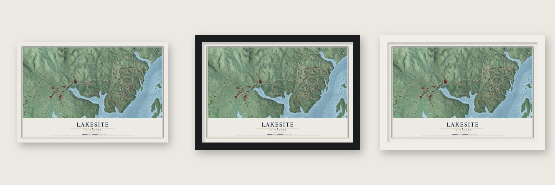 Lakesite, Tennessee map unframed, in a black wood frame and in a white wood frame