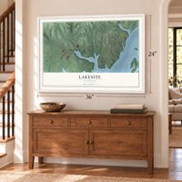 Lakesite, Tennessee map, 24 x 36 inch print in a white frame above a dresser by a staircase