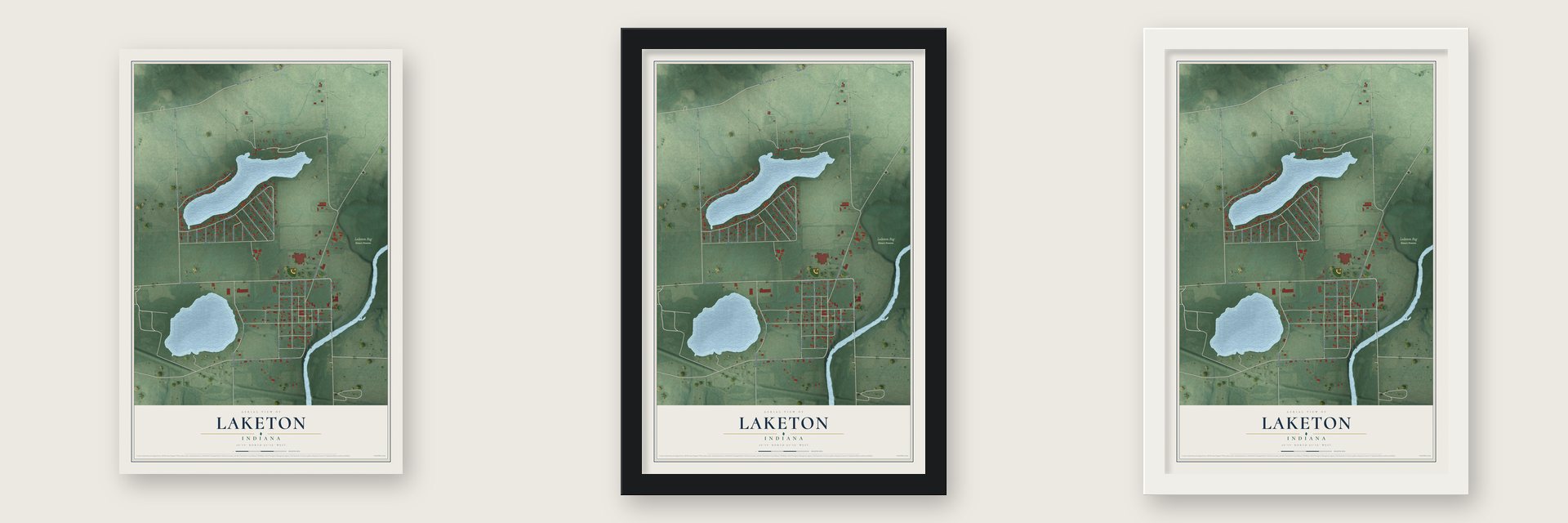 Laketon, Indiana map unframed, in a black wood frame and in a white wood frame