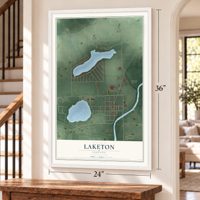 Laketon, Indiana map, 24 x 36 inch print in a white frame by a staircase