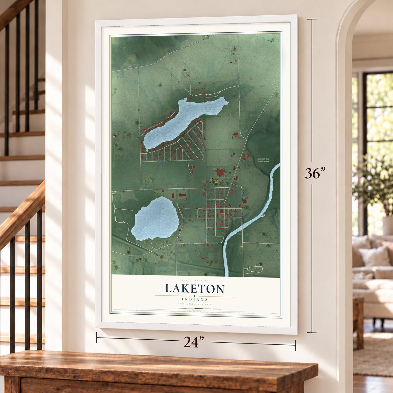 Laketon, Indiana map, 24 x 36 inch print in a white frame by a staircase