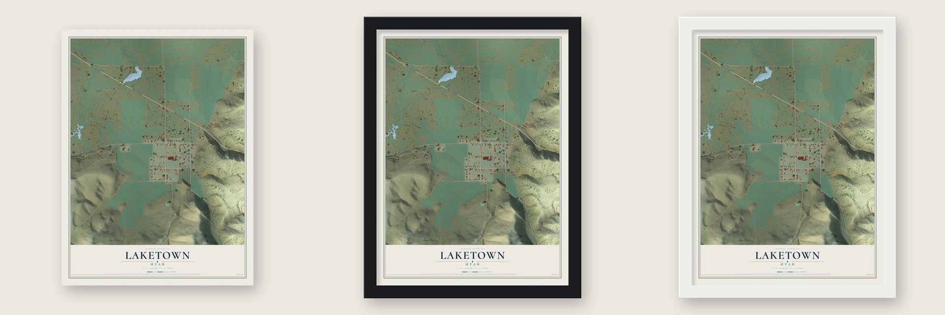 Laketown, Utah map unframed, in a black wood frame and in a white wood frame