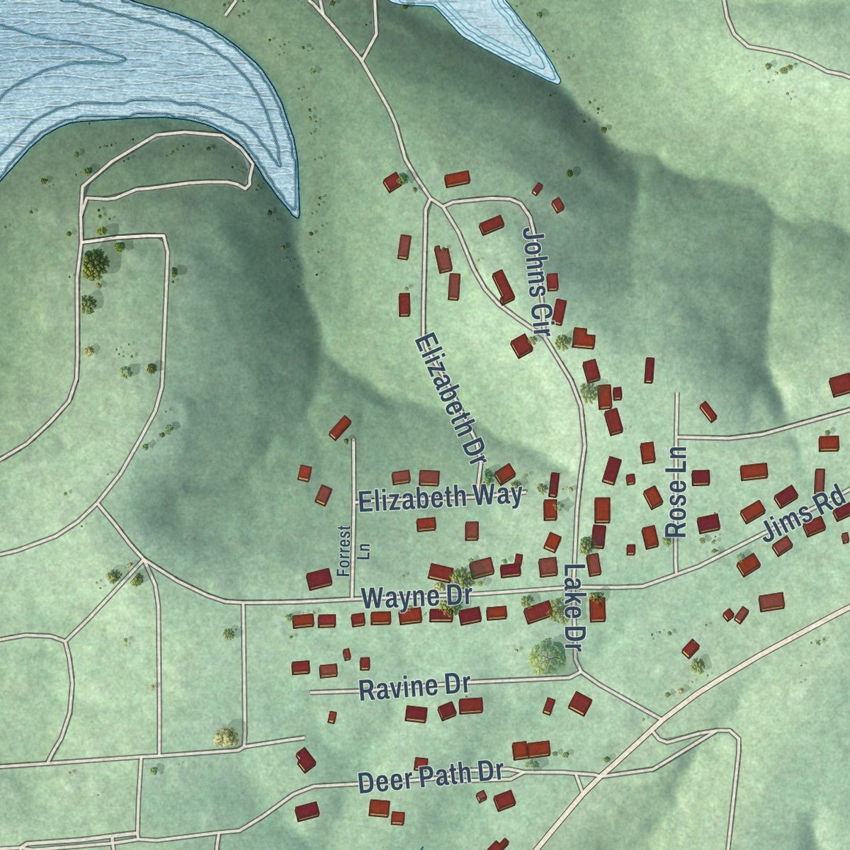 Second close-up of the map of Lakeview, Arkansas print showing more streets and buildings
