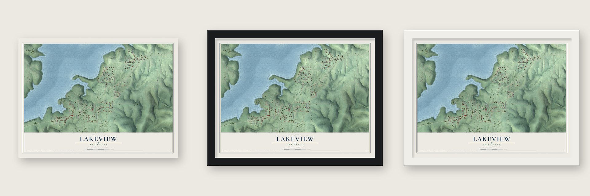 Lakeview, Arkansas map unframed, in a black wood frame and in a white wood frame