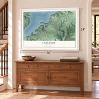 Lakeview, Arkansas map, 24 x 36 inch print in a white frame above a dresser by a staircase