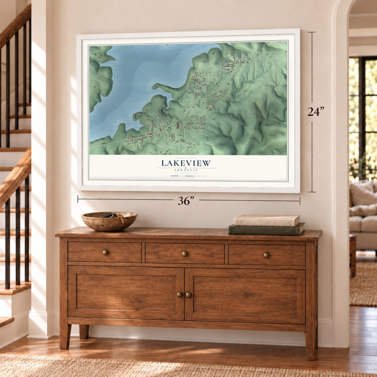 Lakeview, Arkansas map, 24 x 36 inch print in a white frame above a dresser by a staircase