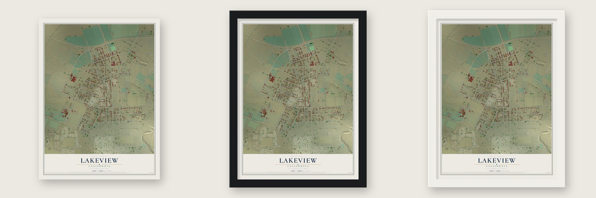 Lakeview, California map unframed, in a black wood frame and in a white wood frame