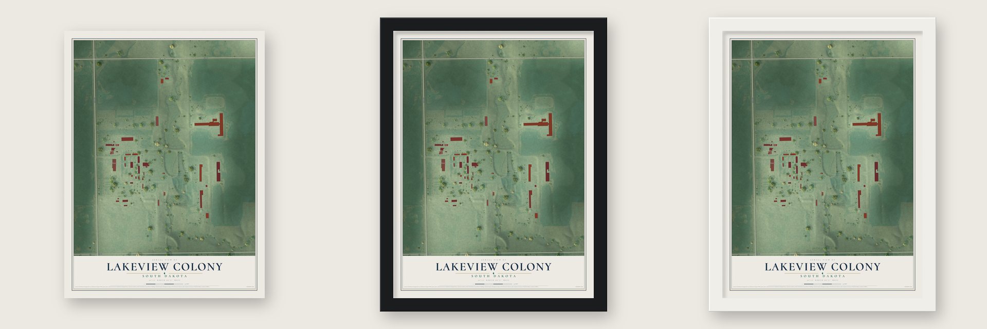 Lakeview Colony, South Dakota map unframed, in a black wood frame and in a white wood frame