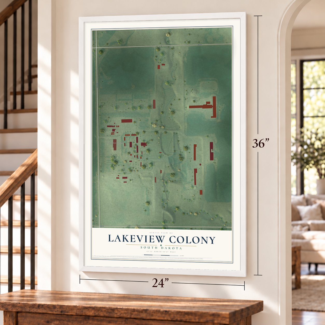 Lakeview Colony, South Dakota map, 24 x 36 inch print in a white frame by a staircase