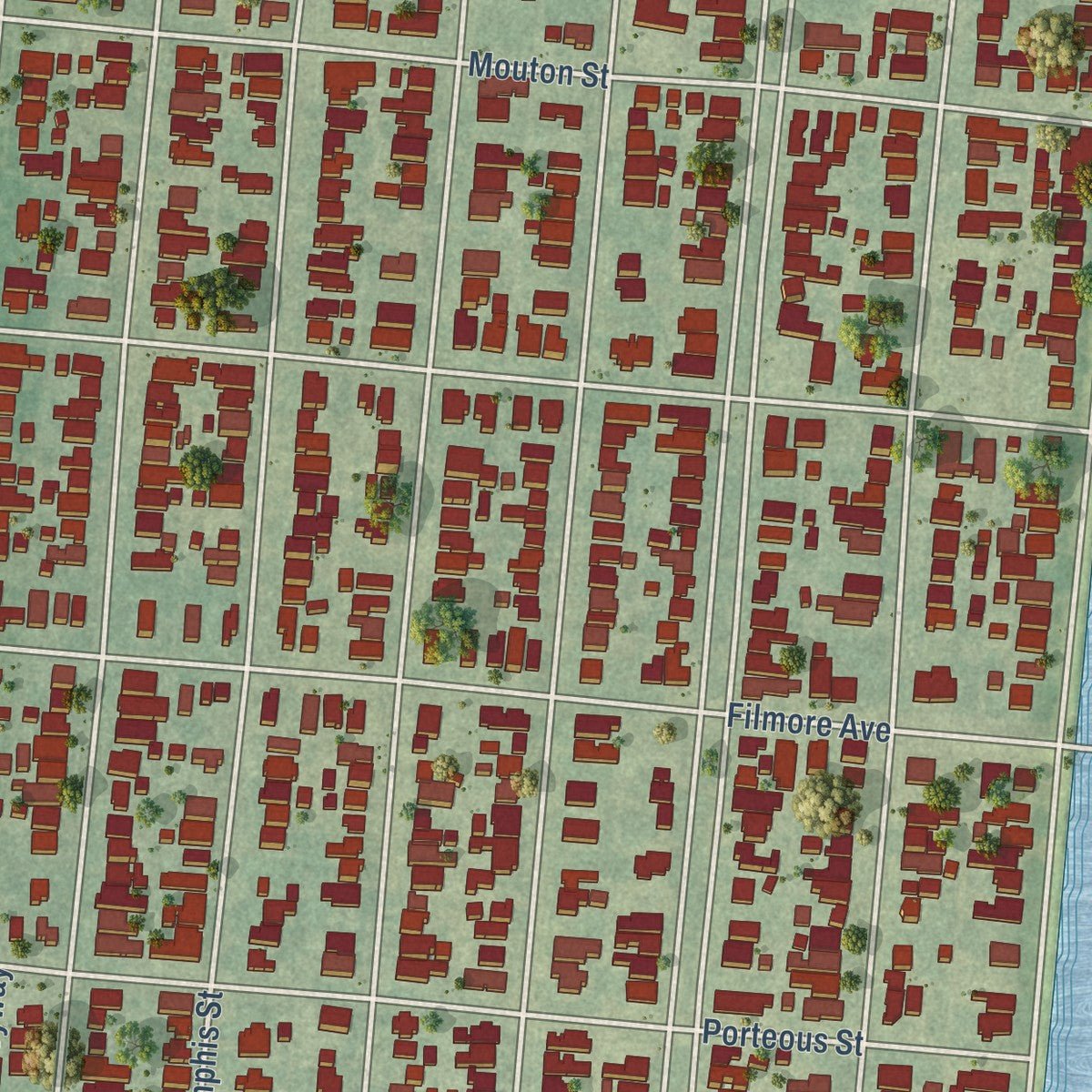 Second close-up of the map of Lakeview, Louisiana print showing more streets and buildings