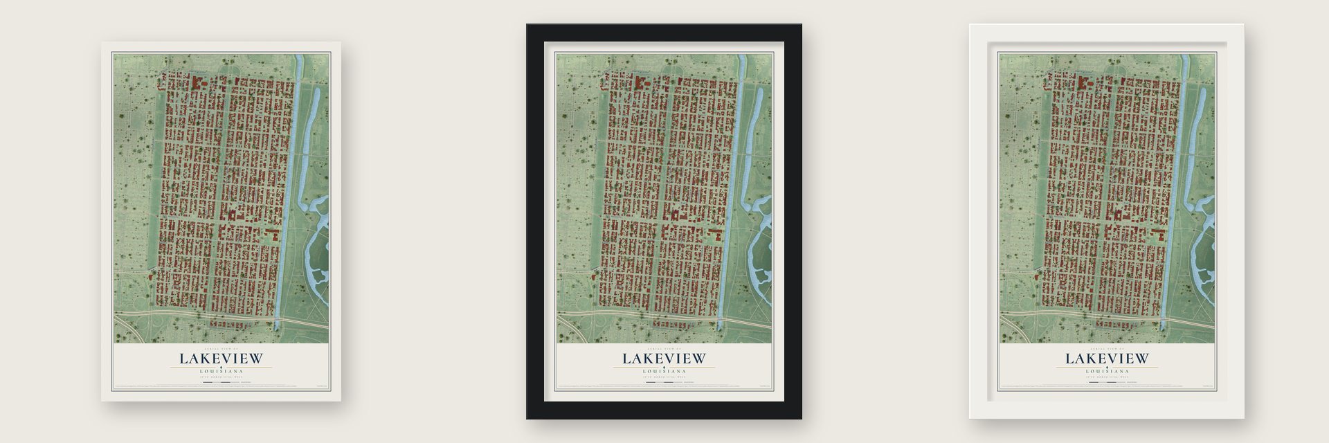Lakeview, Louisiana map unframed, in a black wood frame and in a white wood frame