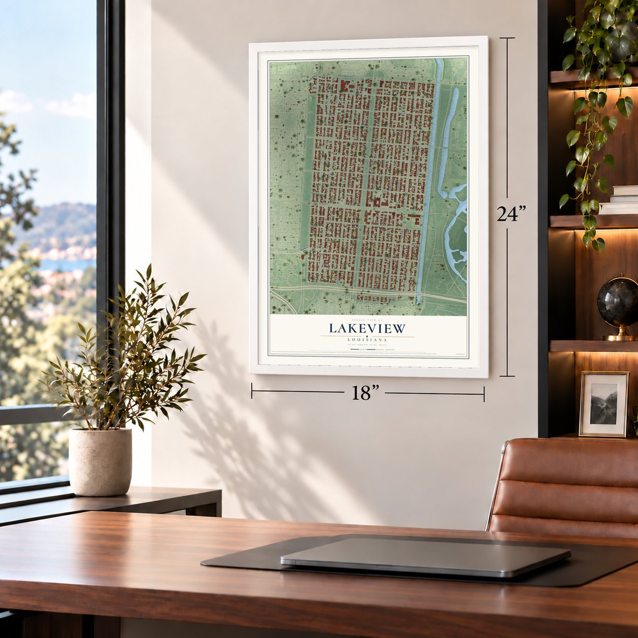 Lakeview, Louisiana map, 18 x 24 inch print in a white frame in a home office