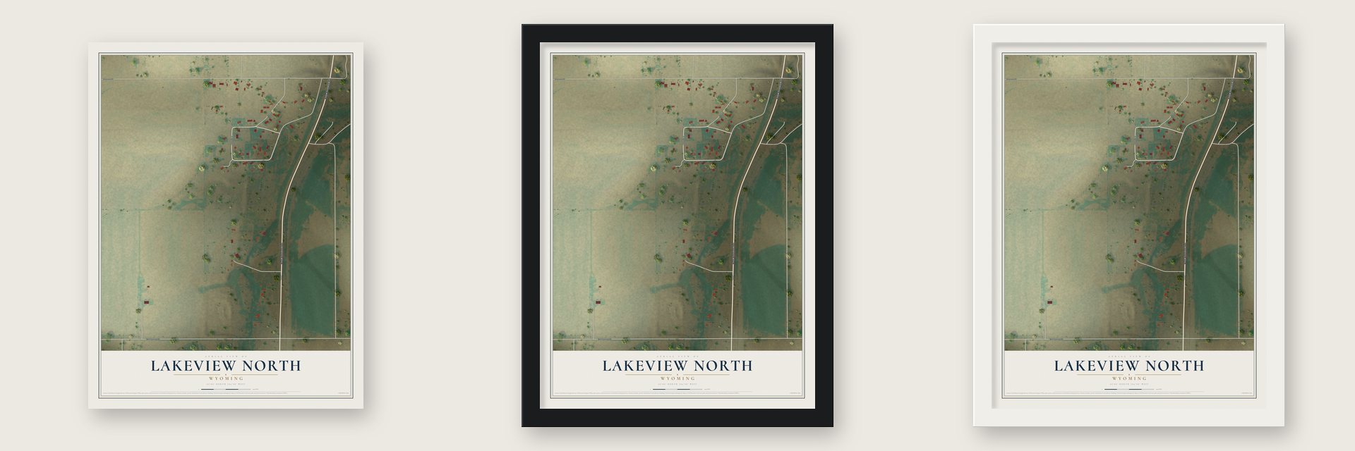 Lakeview North, Wyoming map unframed, in a black wood frame and in a white wood frame