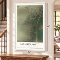 Lakeview North, Wyoming map, 24 x 36 inch print in a white frame by a staircase