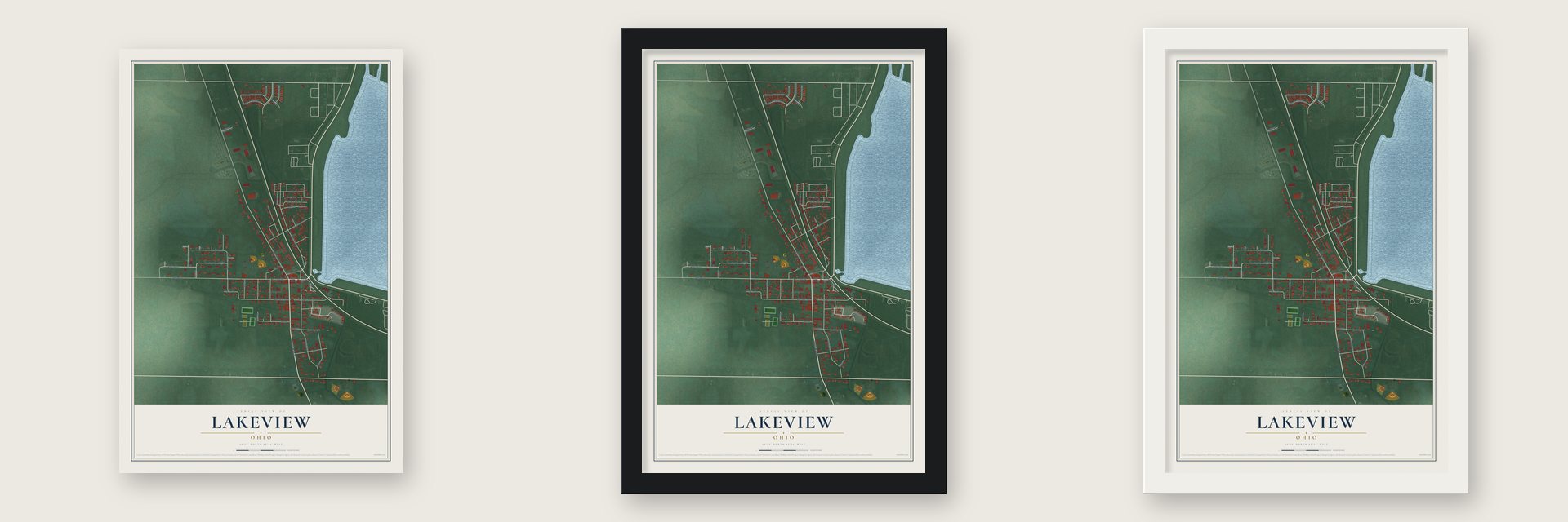 Lakeview, Ohio map unframed, in a black wood frame and in a white wood frame