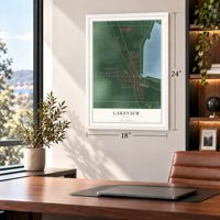 Lakeview, Ohio map, 18 x 24 inch print in a white frame in a home office