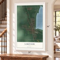 Lakeview, Ohio map, 24 x 36 inch print in a white frame by a staircase