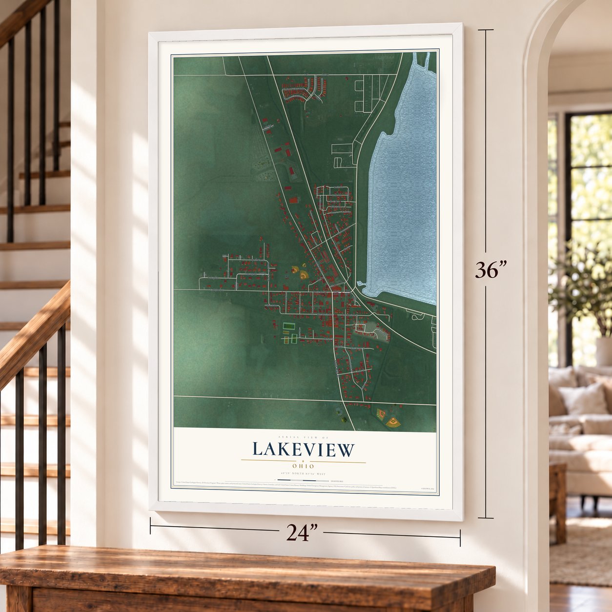 Lakeview, Ohio map, 24 x 36 inch print in a white frame by a staircase