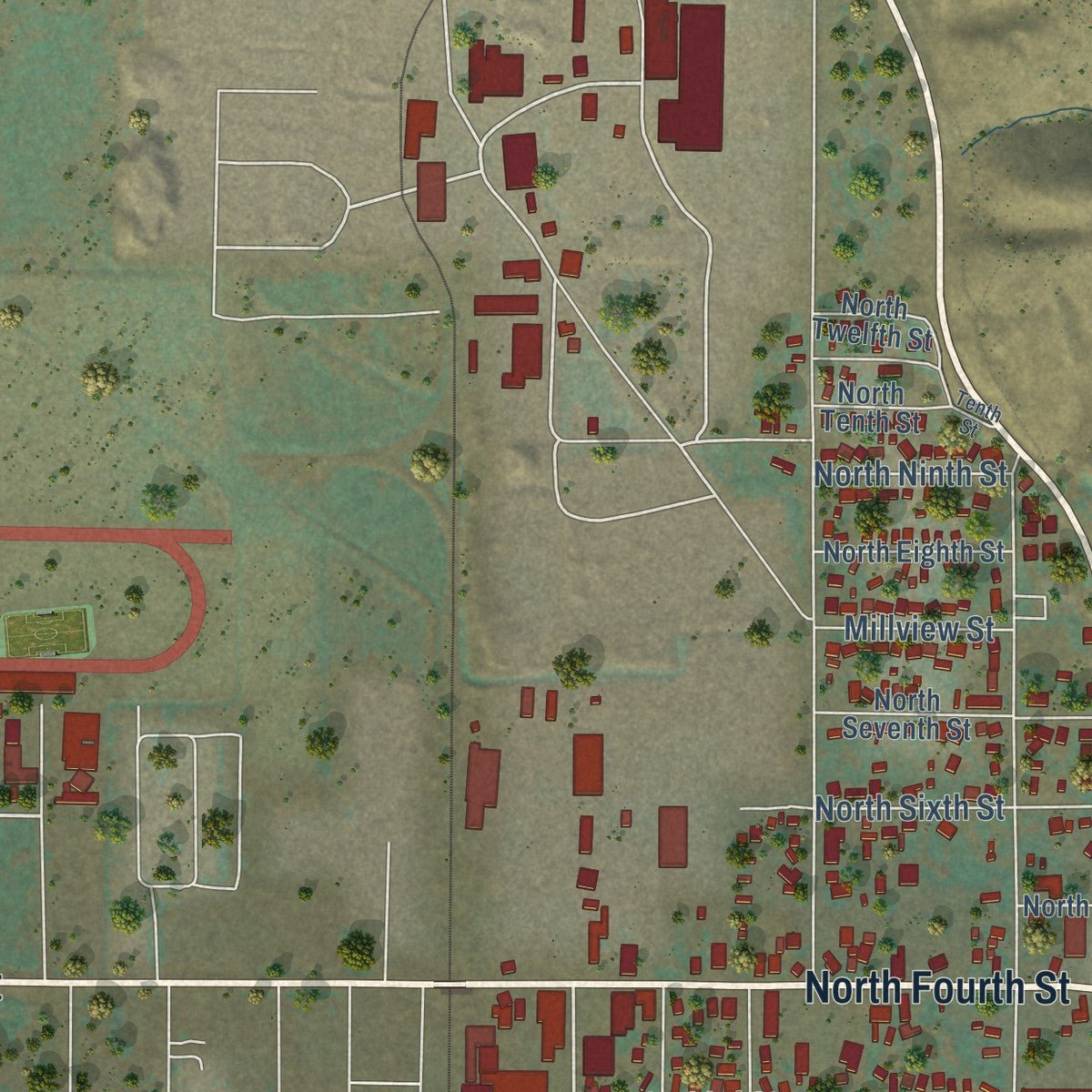 Second close-up of the map of Lakeview, Oregon print showing more streets and buildings