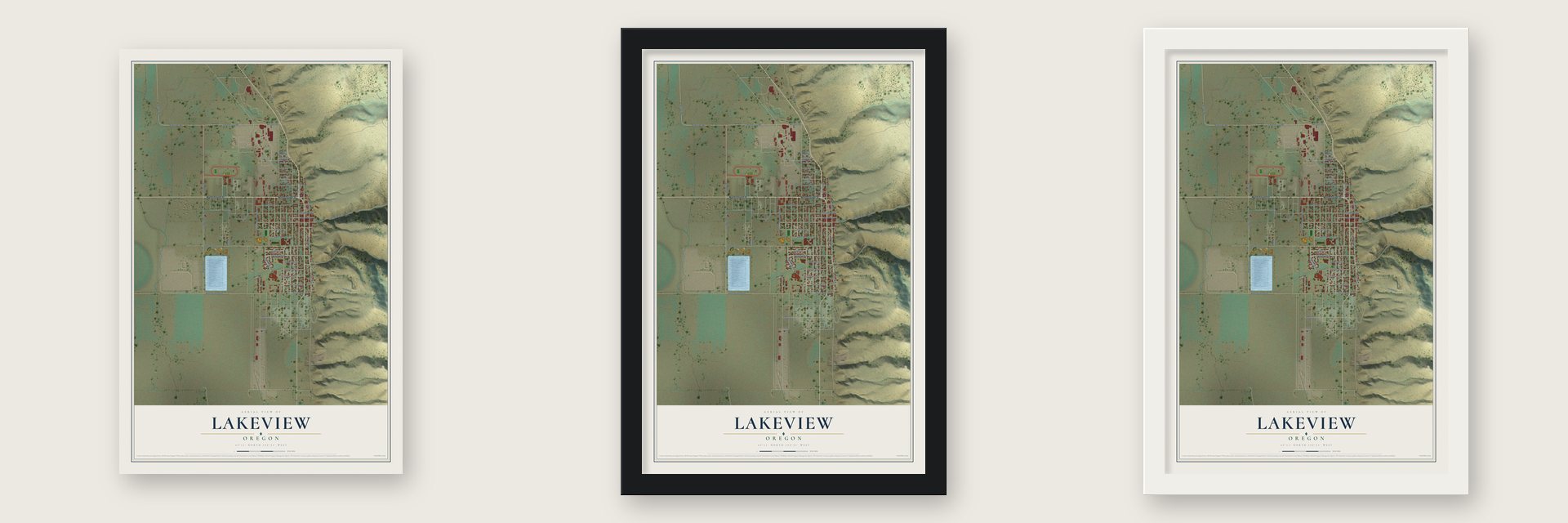 Lakeview, Oregon map unframed, in a black wood frame and in a white wood frame