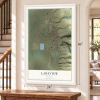 Lakeview, Oregon map, 24 x 36 inch print in a white frame by a staircase