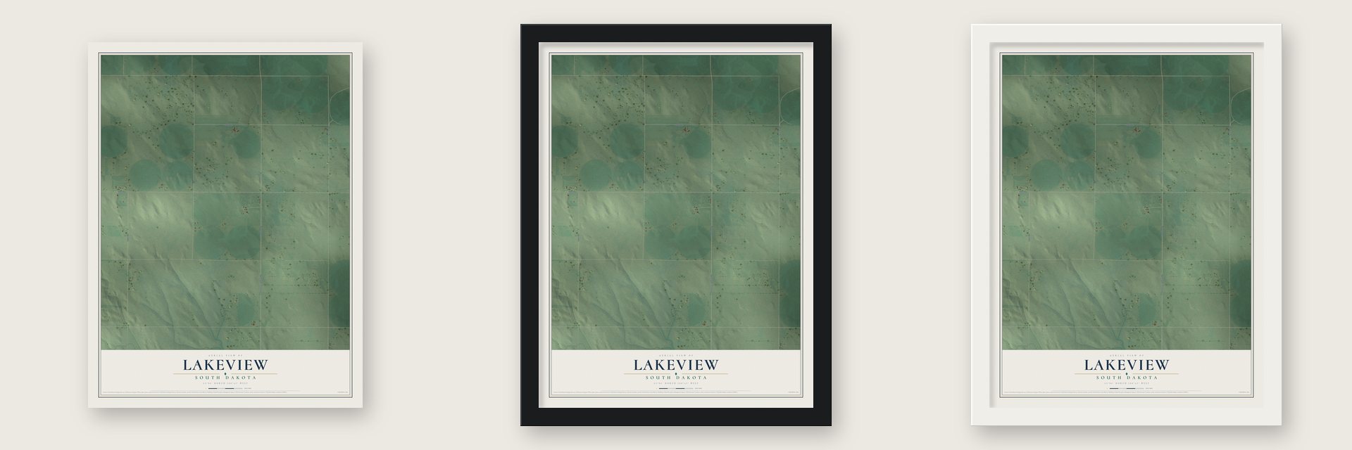 Lakeview, South Dakota map unframed, in a black wood frame and in a white wood frame