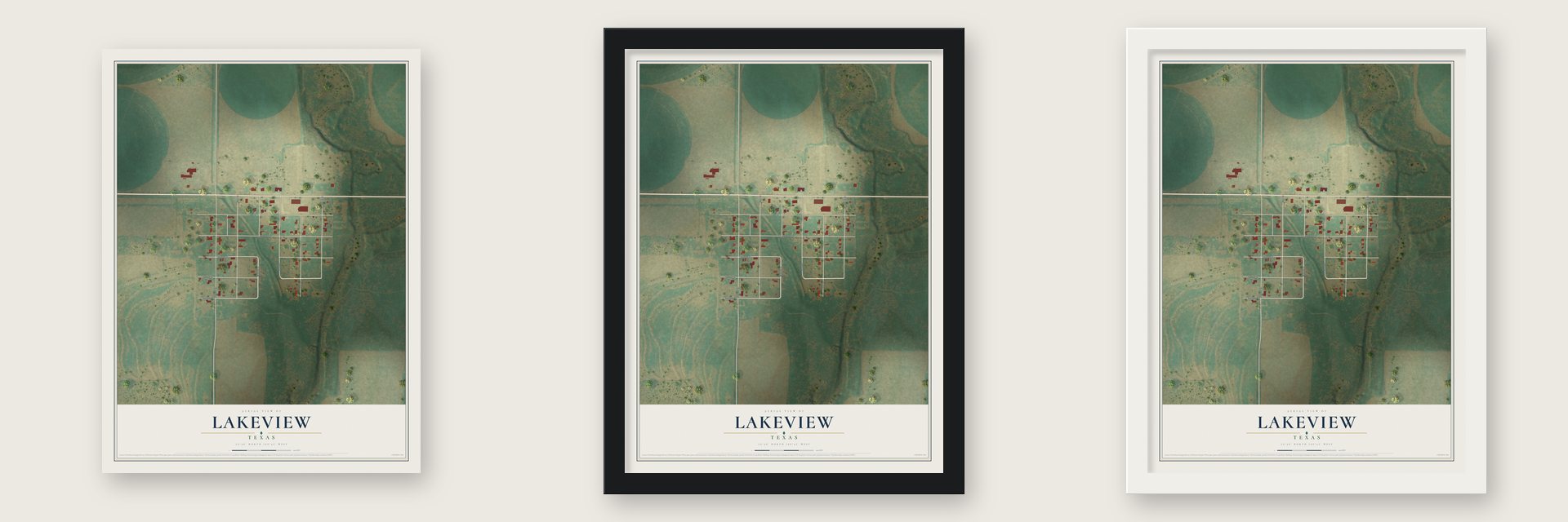 Lakeview, Texas map unframed, in a black wood frame and in a white wood frame