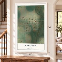 Lakeview, Texas map, 24 x 36 inch print in a white frame by a staircase