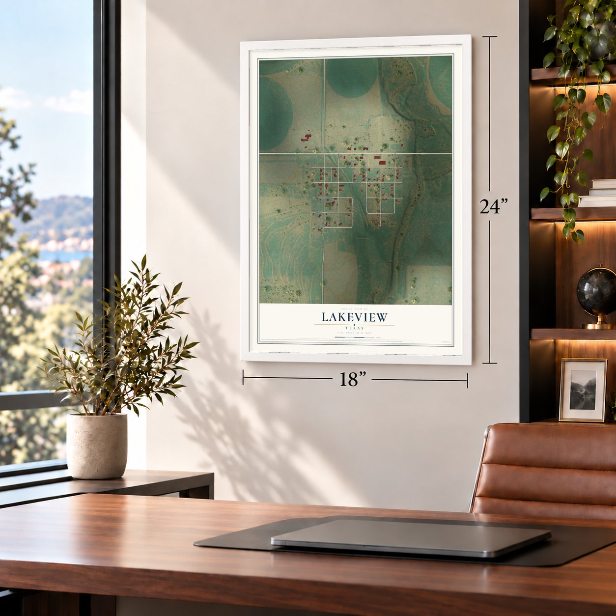 Lakeview, Texas map, 18 x 24 inch print in a white frame in a home office