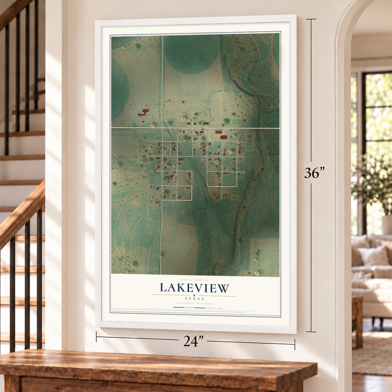 Lakeview, Texas map, 24 x 36 inch print in a white frame by a staircase