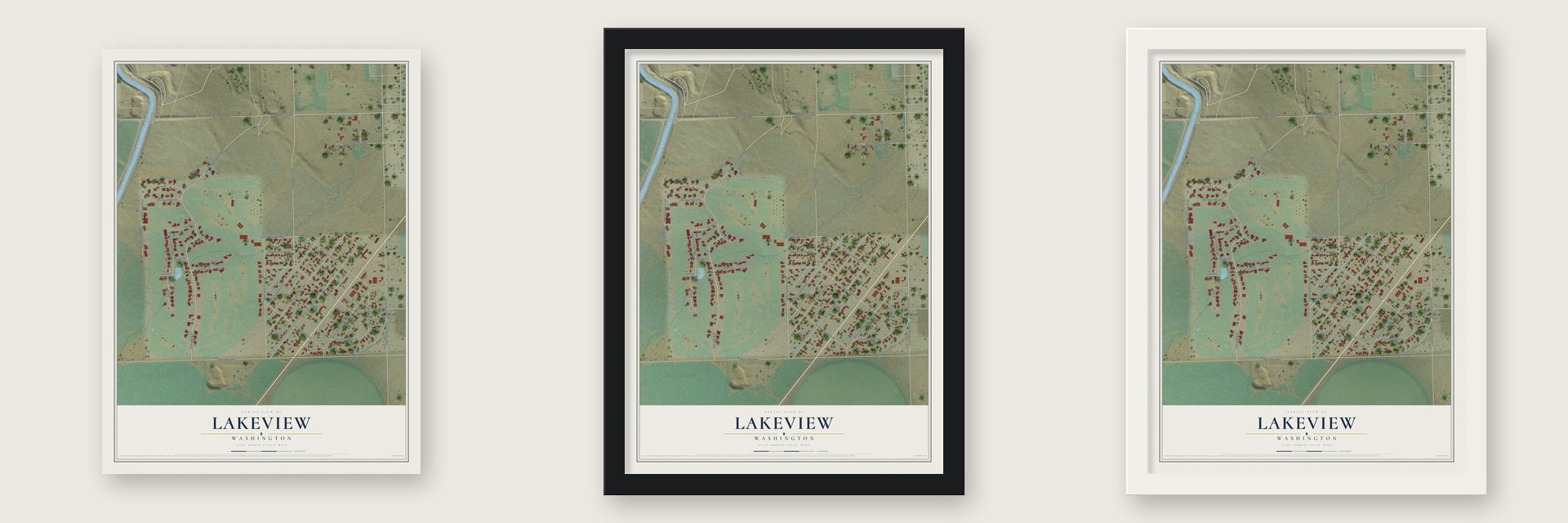 Lakeview, Washington map unframed, in a black wood frame and in a white wood frame