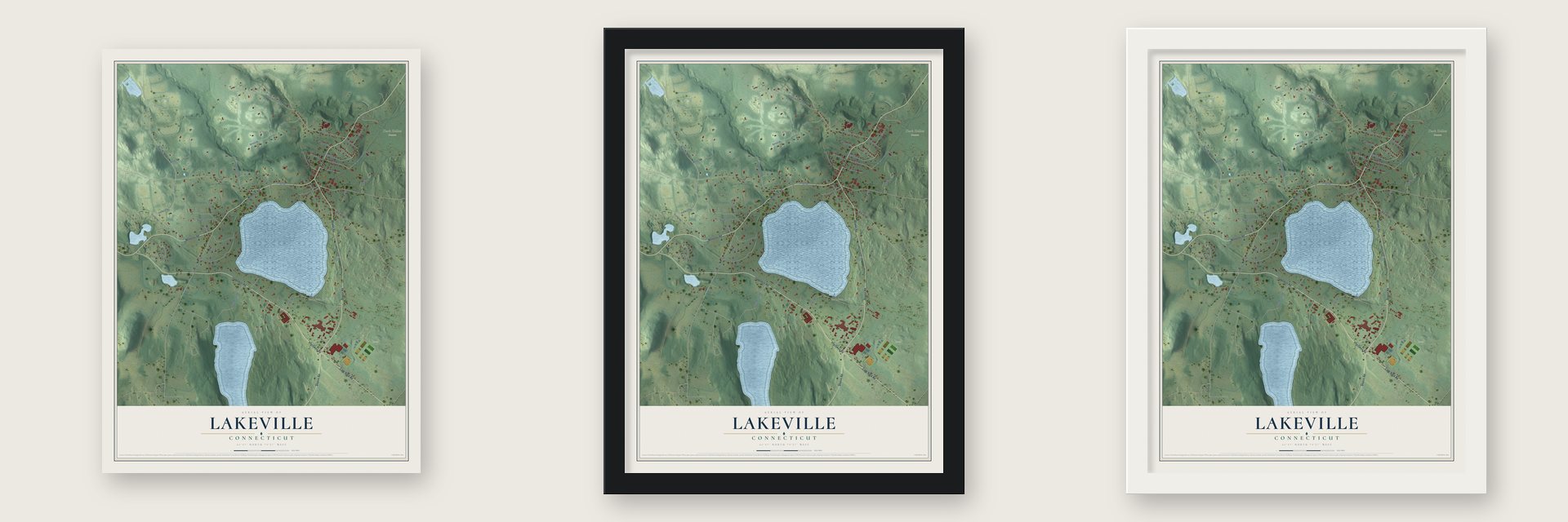 Lakeville, Connecticut map unframed, in a black wood frame and in a white wood frame