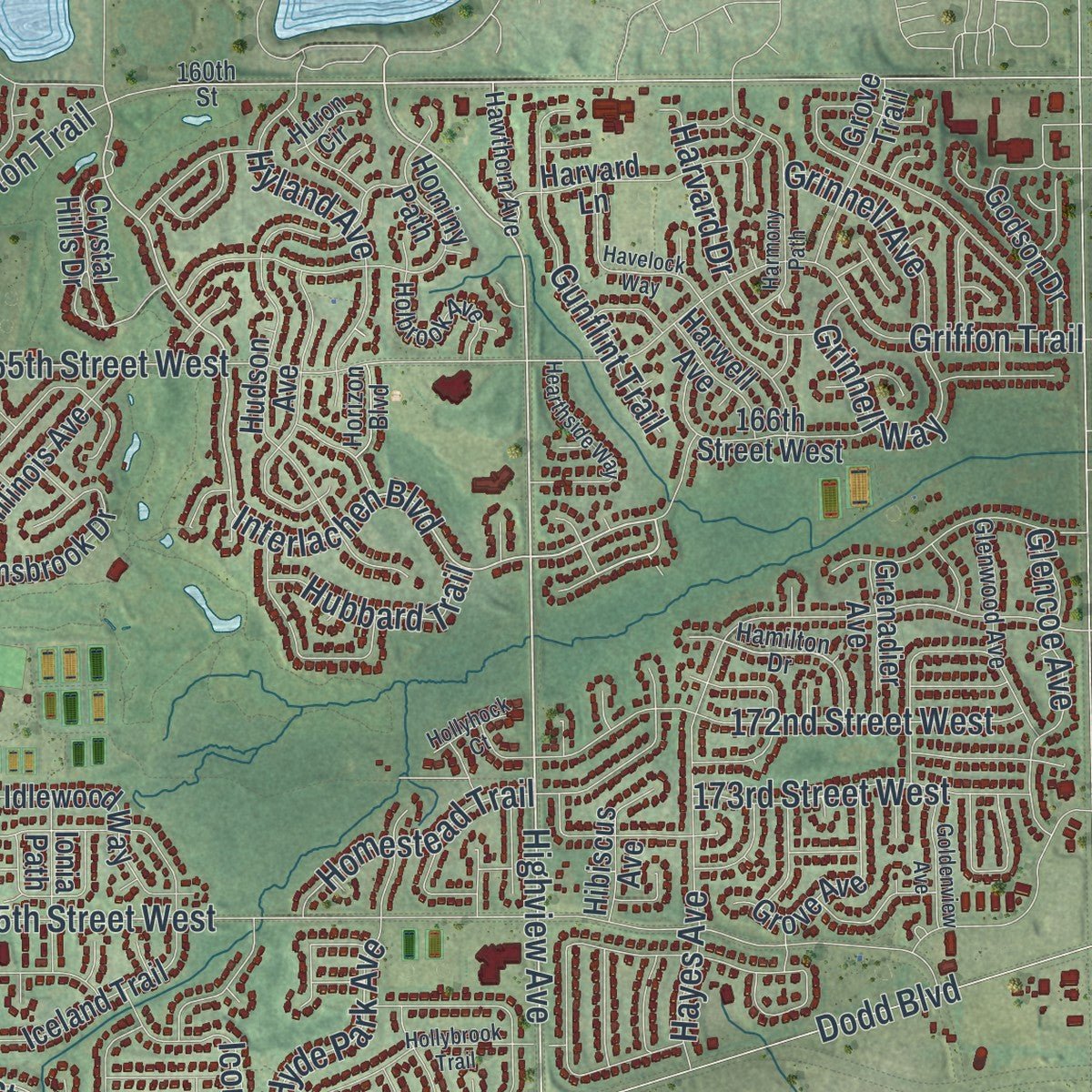 Second close-up of the map of Lakeville, Minnesota print showing more streets and buildings