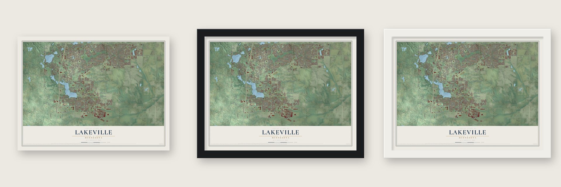 Lakeville, Minnesota map unframed, in a black wood frame and in a white wood frame