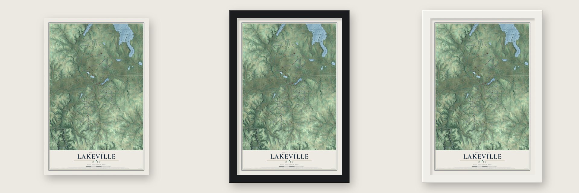 Lakeville, Ohio map unframed, in a black wood frame and in a white wood frame