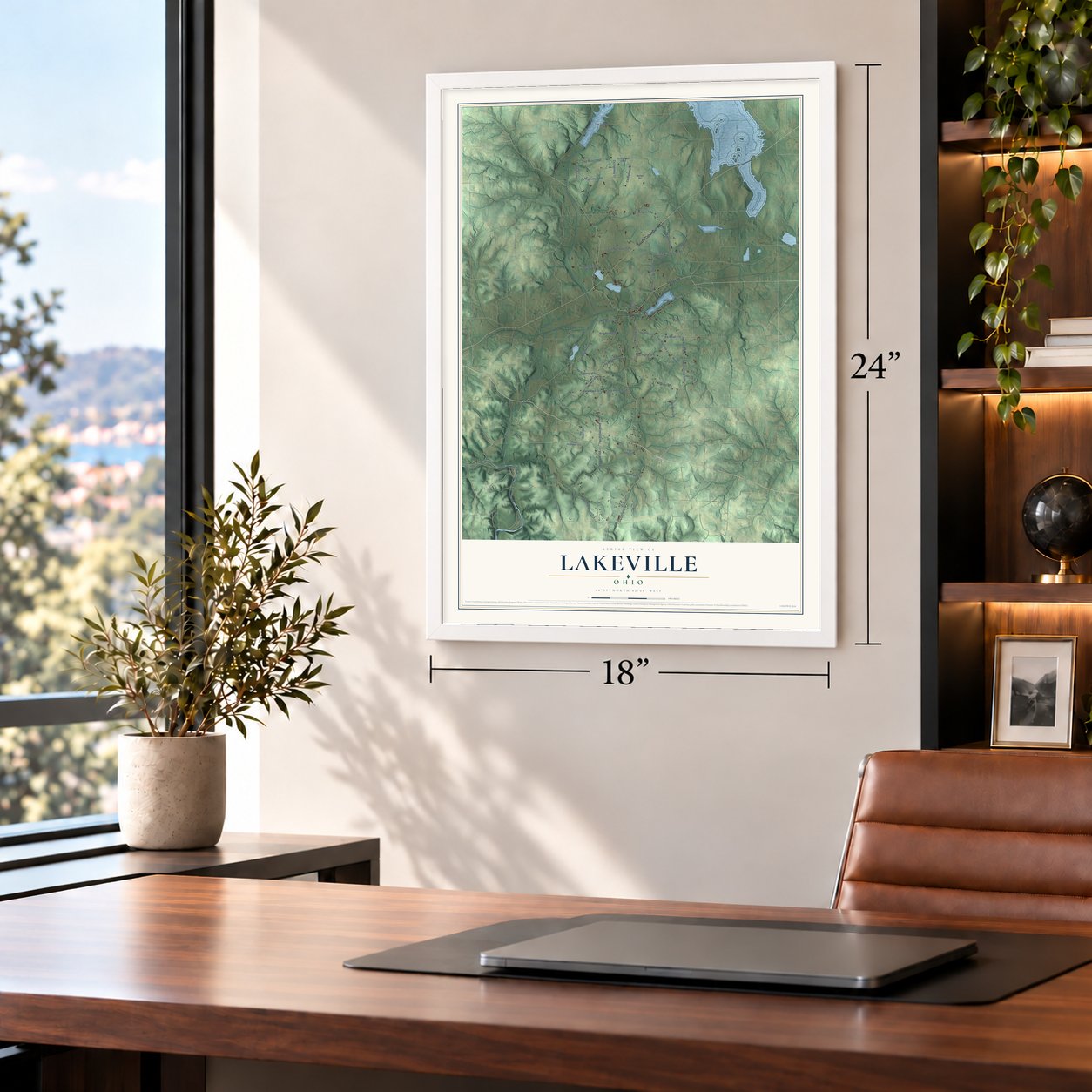 Lakeville, Ohio map, 18 x 24 inch print in a white frame in a home office