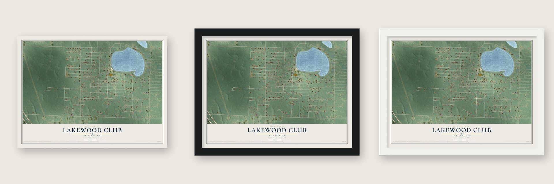 Lakewood Club, Michigan map unframed, in a black wood frame and in a white wood frame