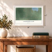 Lakewood Club, Michigan map, 12 x 18 inch print in a white frame in an entryway