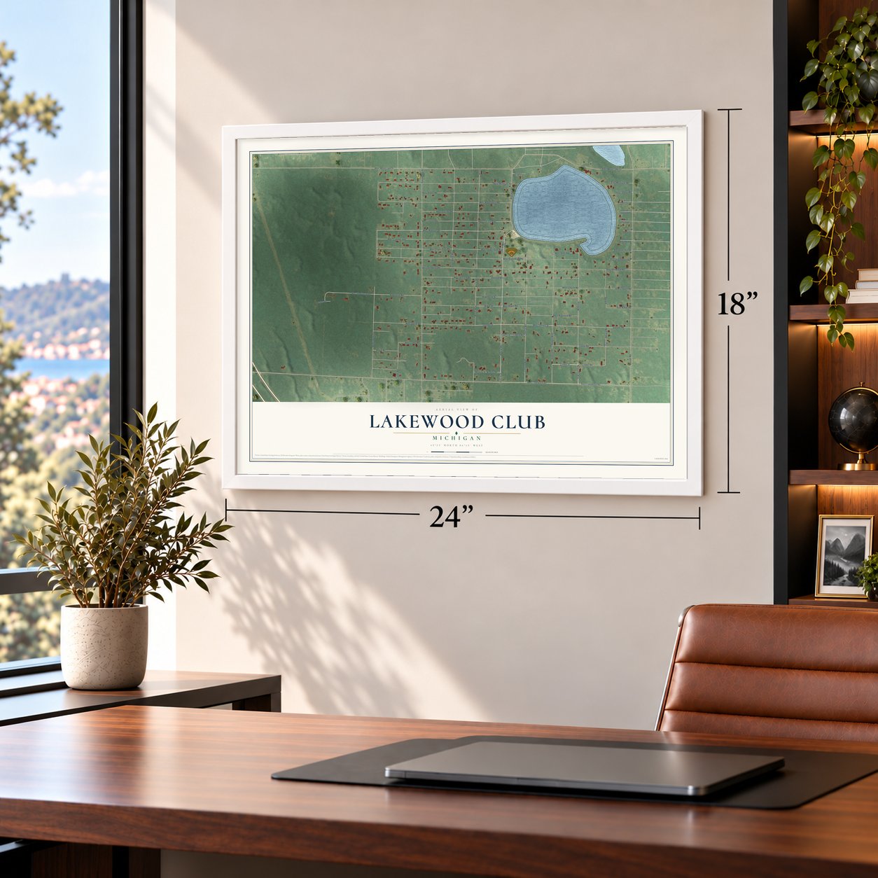 Lakewood Club, Michigan map, 18 x 24 inch print in a white frame in a home office