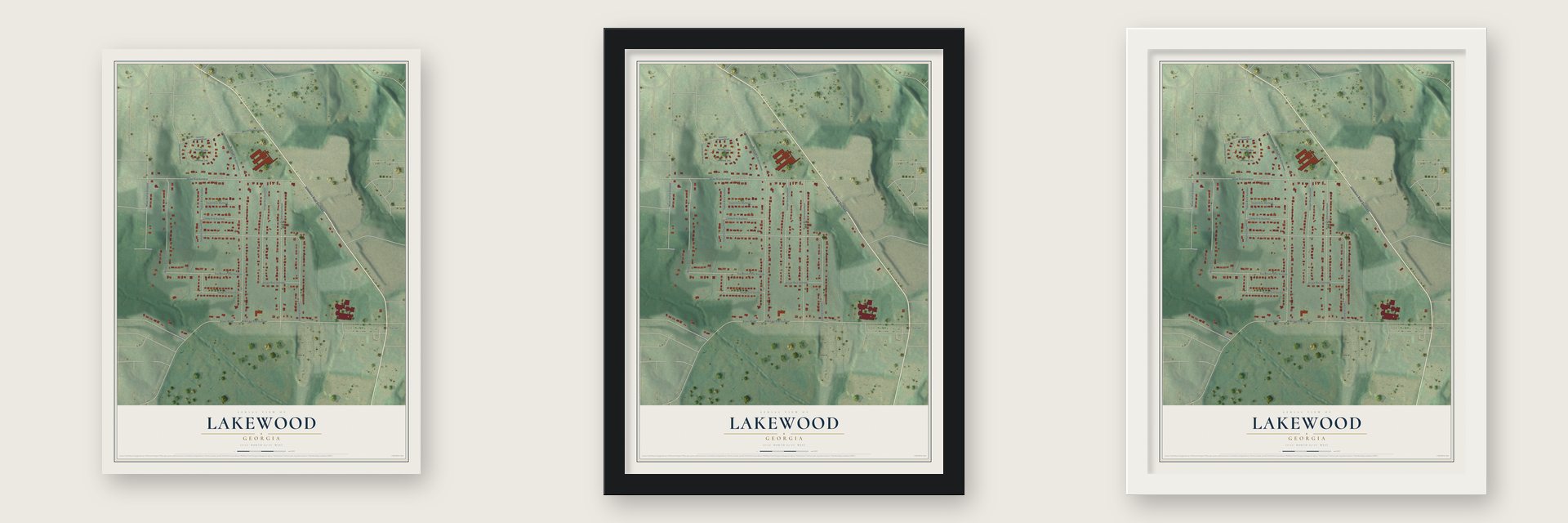 Lakewood, Georgia map unframed, in a black wood frame and in a white wood frame