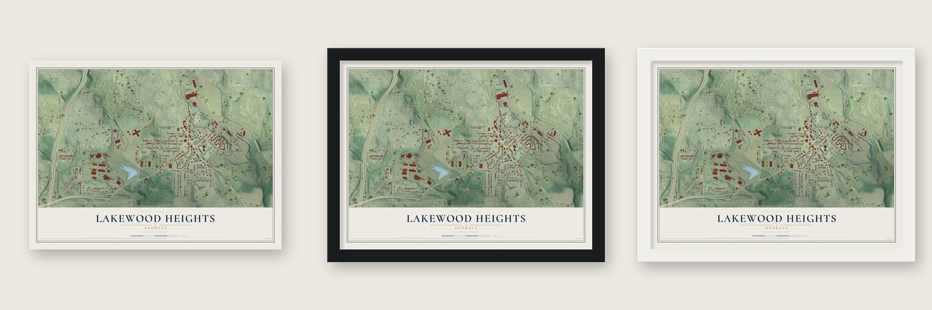 Lakewood Heights, Georgia map unframed, in a black wood frame and in a white wood frame