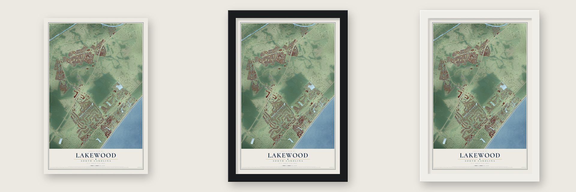 Lakewood, Horry County, South Carolina map unframed, in a black wood frame and in a white wood frame