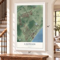 Lakewood, Horry County, South Carolina map, 24 x 36 inch print in a white frame by a staircase